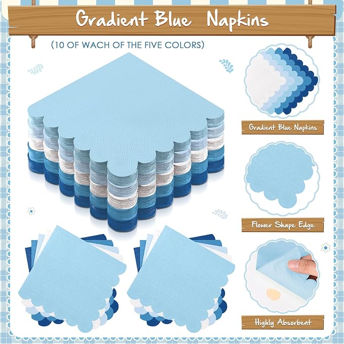 Zhehao 150 Pcs Blue Plates and Napkins Tableware Serves 50 Includes 9 Inch 7 Inch Blue Scalloped Paper Plate and Napkins for Ocean Sea Wedding Birthday Baby Shower Party