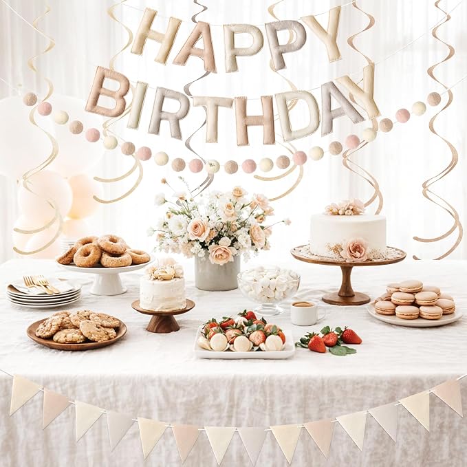 Kriyokiaa Pre-Strung Felt Happy Birthday Banner Retro Neutral Happy Birthday Party Decorations with Pom Pom Garland, Flag and Hanging Swrils for Women Men Boys Girls Party Decor