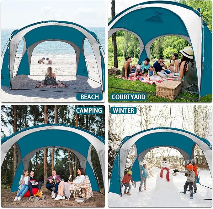 UNICAMPER Beach Tent 12 X 12ft Large UPF50+ Pop Up Canopy with 2-Pcs Side Wall, Sun Shelter Rainproof, Waterproof for Camping Trips, Backyard Fun, Fishing, Parties, Or Picnics(Ocean Blue)