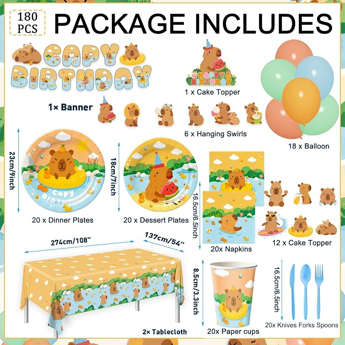 180pcs Summer Capybara Party Supplies Plates Tableware Set Include Plates, Napkins, Cups, Cutlery, Balloon, Banner, Cake Topper, Hanging Swirl, Tablecloth, Capybara Birthday Decorations Serve 20