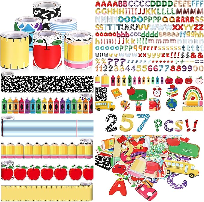 Kosiz Back to School Bulletin Board Decoration Set 118 ft Scalloped Bulletin Board Borders Classroom Poster Border Trim with 257 Pcs Letter Number Symbol Cutout for School Decor