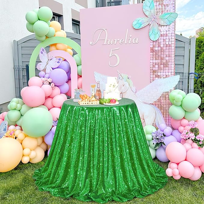 QueenDream Sparkly Sequin Tablecloth - Green Table Cloth 50x80 Inches Rectangle Table Overlay Fabric for Birthday Parties Baby Shower Decoration