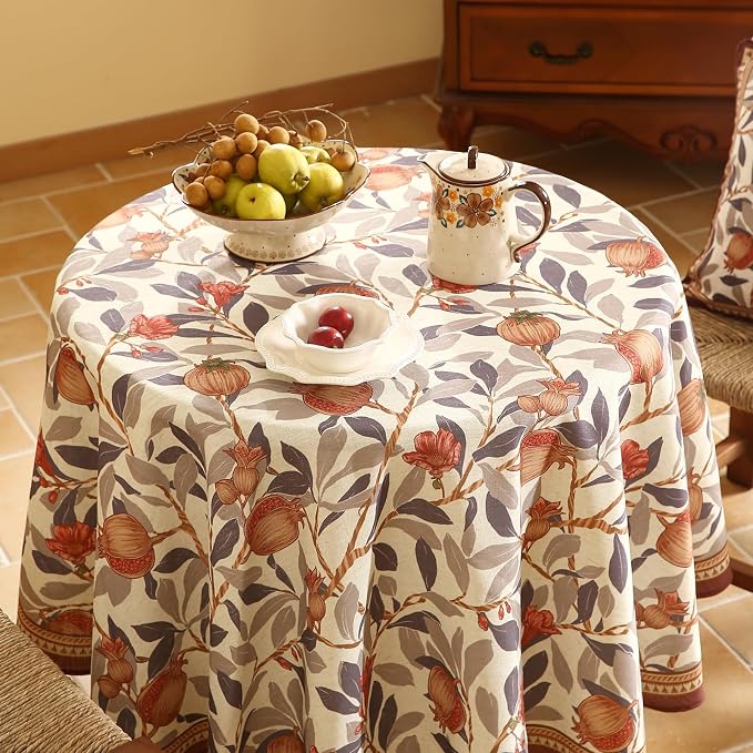 patdrea Vintage French Linen Tablecloth,Round,Diameter 55" | Elegant Beautiful Table Cloth for Round Table,Natural Floral Block Print,for Dining Room Tea Party Thanksgiving