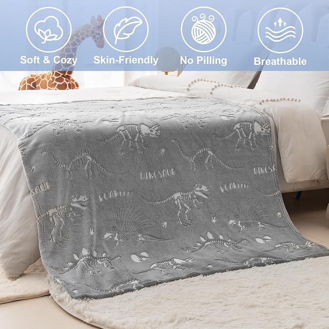 Dinosaur Toys for Kids 3-5 Glow in The Dark Blanket Dinosaur Blanket Dino World Christmas Birthday Easter Gifts for 2 3 4 5 6 7 8 Year Old Boy Girls Toddler Gray Glowing Dinosaurs Room Decor 50"x60"