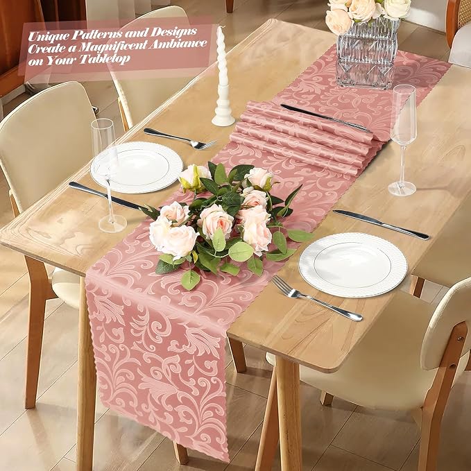 MILVOWOC 4 Pack Rose Gold Satin Table Runner, 12 x 72 Inch Jacquard Damask Rectangle Bright Silky Decorative Table Runner for Party Banquet Birthday Dinner Wedding Table Decor