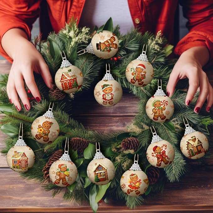 Outus 16 Pcs Christmas Tree Ball Ornaments Vintage Gingerbread Christmas Decorations for Tree Colorful Xmas Decorative Hanging Ornaments for Farmhouse Home Fireplace Decoration Holiday Party Favors