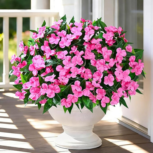 Livole 3 Bundles Artificial Flowers for Outdoors, Realistic Fake Outdoor Flowers Impatiens UV Resistant Artificial Outdoor Flower for Outside Faux Flower Plants for Porch Garden Home Decor, Rose Red