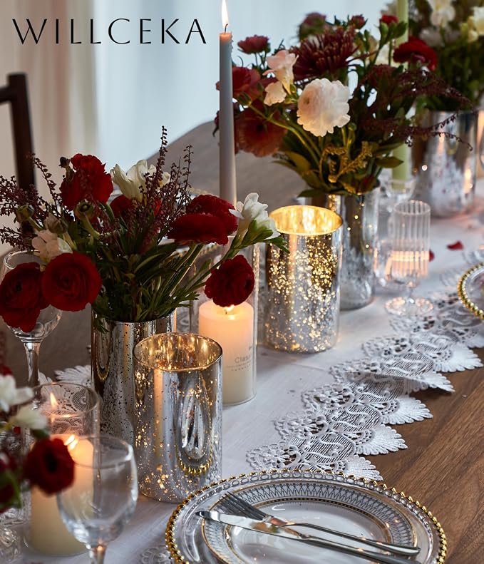 Willceka Silver Cylinder Vases for Centerpieces, Modern Glass Vase Set of 12 Decorative Hurricane Candle Holder for Pillar Candle Holders Flowers for Table Centerpiece, Sliver