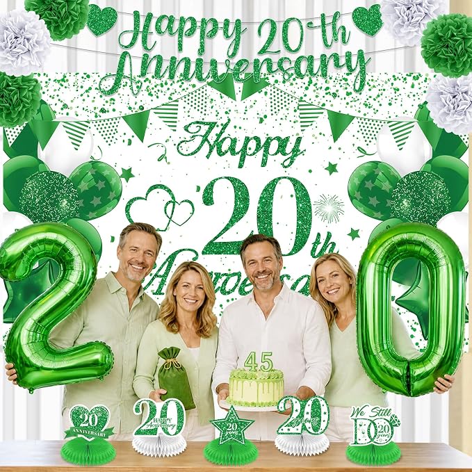 Green 20th Wedding Anniversary Decorations Kit Happy 20th Anniversary Banner Backdrop Table Honeycomb Centerpiece Hanging Swirls Poms Decor for Men Women 20 Years Wedding Anniversaries Party Supplies