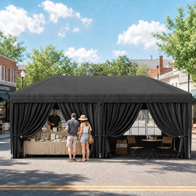 KIGOTY 10x20 FT Portable Pop Up Canopy Tent, Adjustable Height Instant Gazebo with Sidewalls, Sandbags, Waterproof Outdoor Canopy for Camping, Parties, Vendor Events (Black, 3m × 6m with sidewalls)