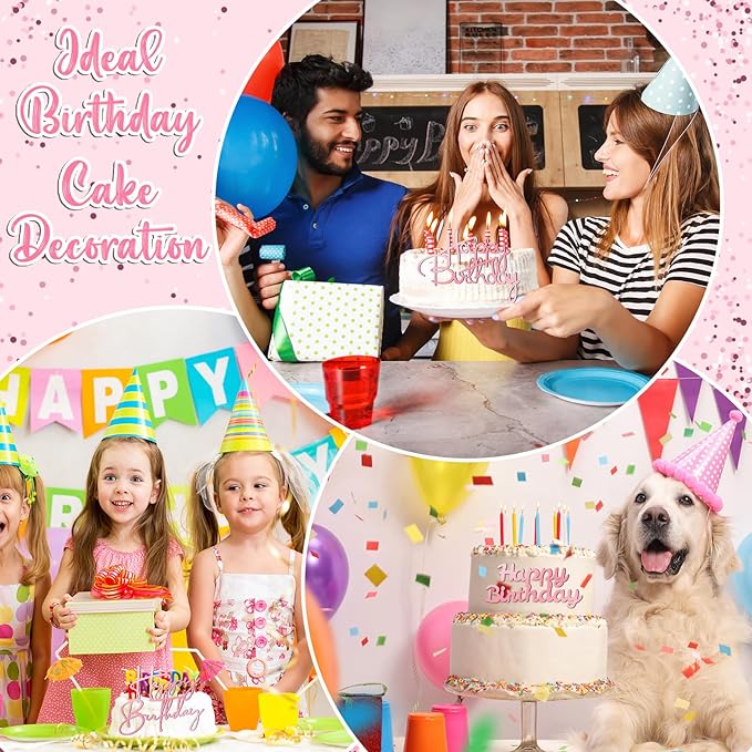 Barydat 50 Pcs Happy Birthday Cake Toppers Bulk Mirror Acrylic Cupcake Topper Cupcake Decorations Happy Birthday Sign for Cake Side Inserts Decor Party Supplies 10 Style (Pink)
