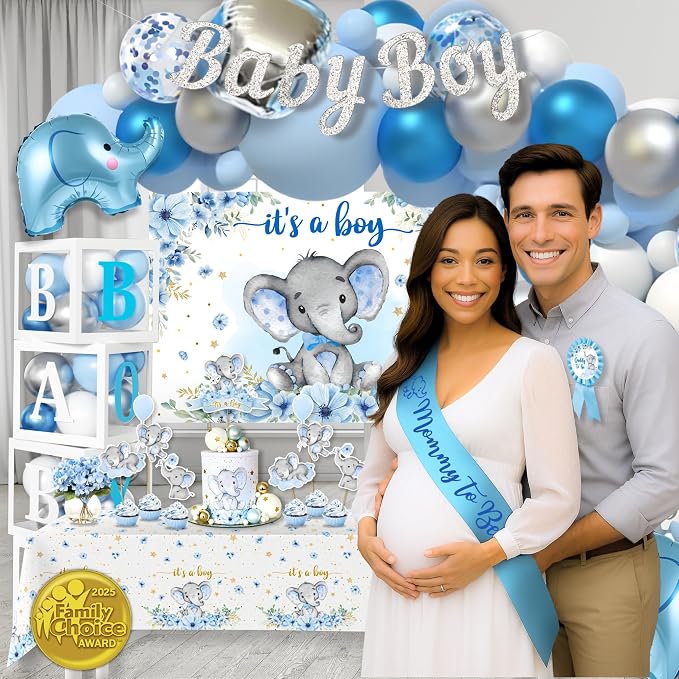 187 Pc Elephant Baby Shower Decorations for Boy - Blue Balloon Garland Kit | 2025 Family Choice Award winner - reusable Oxford-cloth backdrop (not paper), BABY BOY boxes, banner & printable games
