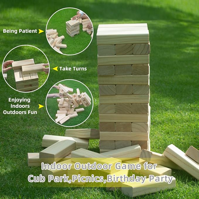 GOROCK Giant Tumble Tower Games，60 Pcs Wooden Block Up to 5FT Stacking Game with Dice Scoreboard and Carry Bag ，Christmas Birthday Gift for Family Outdoor Indoor Party Camping Beach Lawn Games