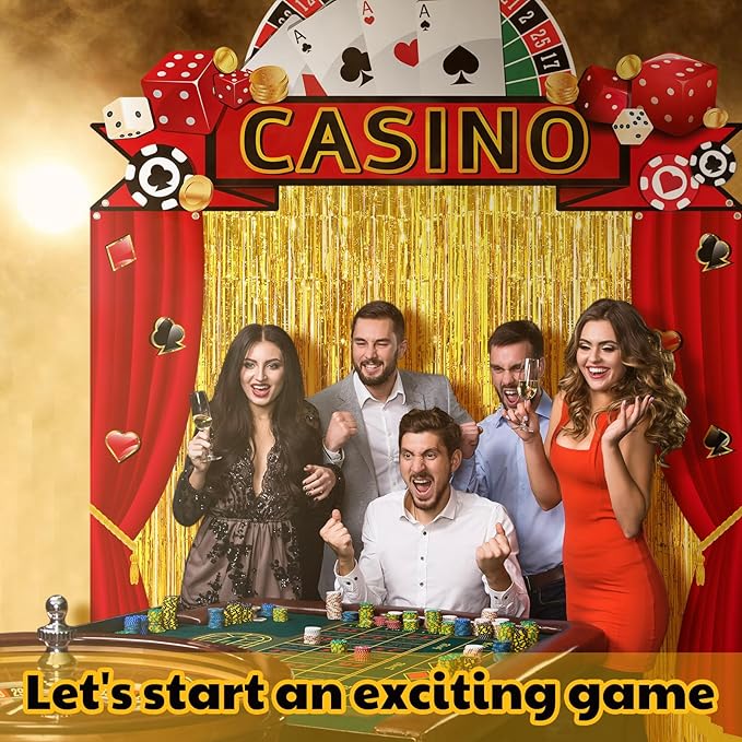 VitalCozy 7pcs Casino Party Decorations Casino Night Party Porch Banners Red Rug Gold Foil Fringe Backdrop Curtains for Las Vegas Poker Dice Birthday Halloween Photo Background Door Entryway Decor