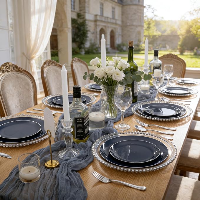 KIRE 200PCS Blue Plastic Plates with Silver Rim - Navy Blue Plastic Plates Include 100 Dinner & Dessert Plate - Heavy Duty Dark Blue Disposable Plate for Wedding/Parties/4th of July