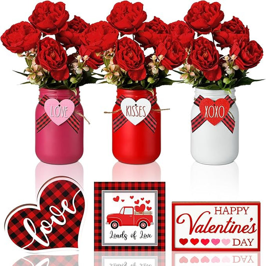 Jexine 12 Pcs Valentine's Day Decoration Red Rose Mason Jar Table Centerpiece Heart Love Truck Wooden Sign Tiered Tray Decor Artificial Rose Flowers Valentines Day Decor for Home Office Wedding Gifts