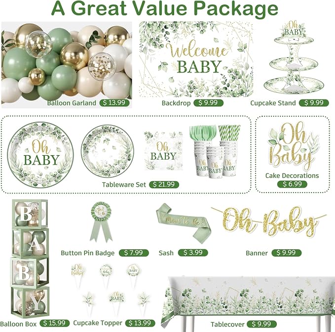 286 Pcs Sage Green Baby Shower Decorations Set-Serves 25 Guests -All-in-One Gender Neutral Party Supplies Kit Includes Balloon Arch, Backdrop, Tableware Set, and Sash