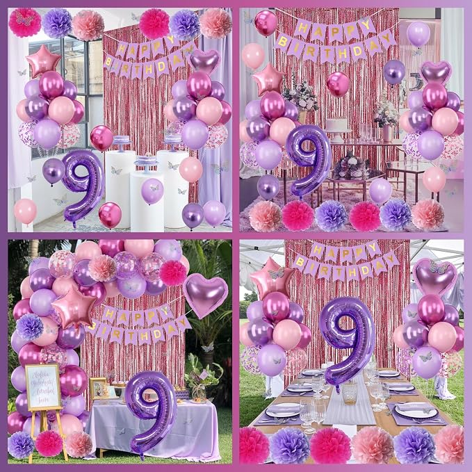 Pink Purple 9th Birthday Party Decorations for Girls Number 9 Balloon Happy Birthday Banner Butterfly Stickers Fringe Curtain Paper Pom Poms Metallic Hot Pink Star Foil Balloons 9 Year Old Princess