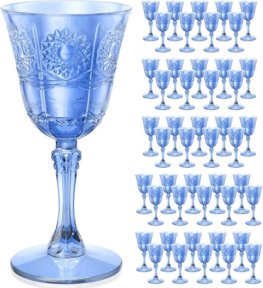 Plastic Wine Glasses, Unbreakable Wine Cups with Stem 6oz Disposable for Wedding Party Holiday, Sunflowers Vintage Plastic Goblets for Champagne, Juice, Cocktail (48 Pcs Blue)