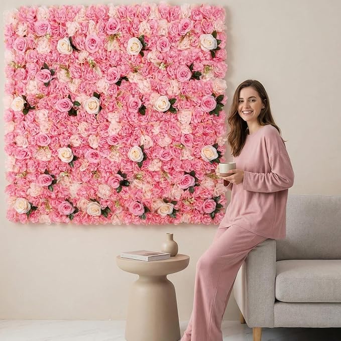 3D Flower Wall Backdrop 6 Pack, 24x16 Inch Deep Pink Artificial Rose Panels for Wedding, Party, Photo Studio, Home & Fence Decor