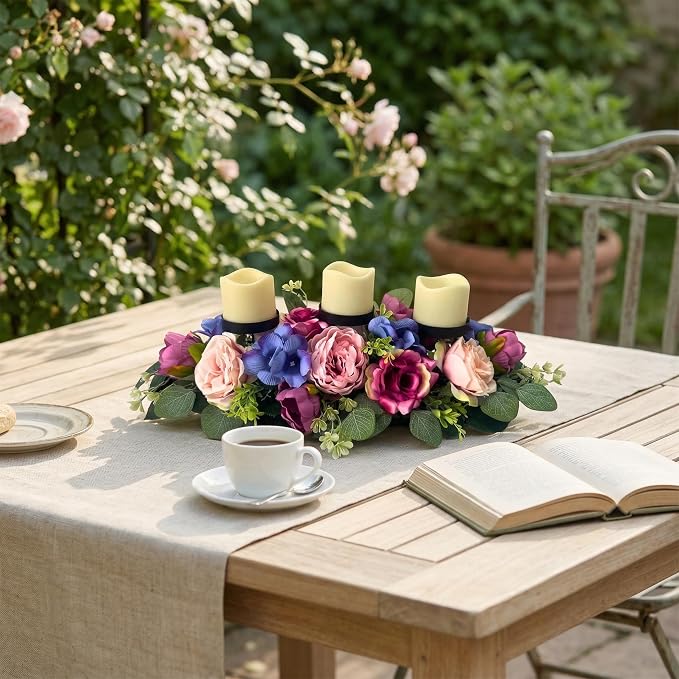 Svndlyn 25" Spring Summer Floral Candle Holder Centerpiece for Table Decor | Triple Candle Cups with Pink Roses, Blue Blooms and Greenery for Table and Summer Decor