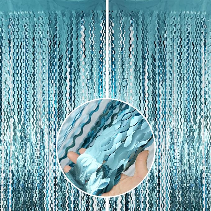 GOER 6.4 ft x 6.5 ft Metallic Tinsel Foil Fringe Curtains,Pack of 2 Party Streamer Backdrop for Birthday,Graduation Decorations and New Year Eve (Wavy Light Blue)