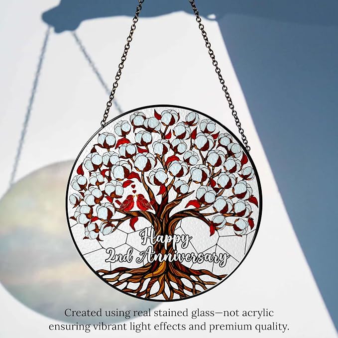 2nd Wedding Anniversary Stained Glass Suncatcher, Cotton Anniversary Wedding Gift, 2nd Anniversary Marriage Gifts for Couples, Wife, Husband or Parents, 2 Year Marriage Celebration