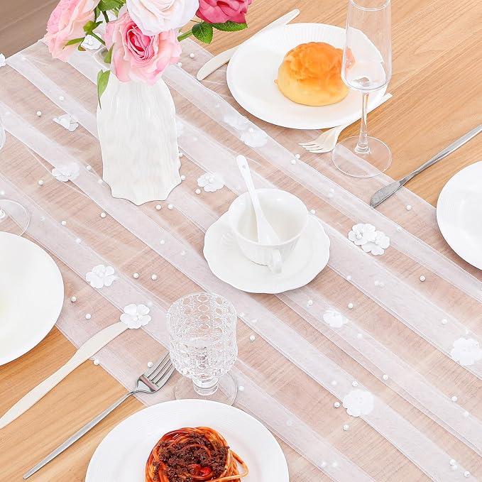 BINBE 4pcs Flower Pearl Table Runner Spring Summer Rustic Boho 10ft Tulle Table Runner for Baby Shower Wedding Veil Holiday Dessert Table Decor White