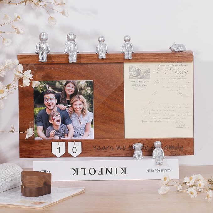 Anniversary Keepsake Box with Family Statue- Wooden Picture Frame for Cherished Keepsakes Storage，Anniversary or Wedding Gifts for Her/He (Walnut)