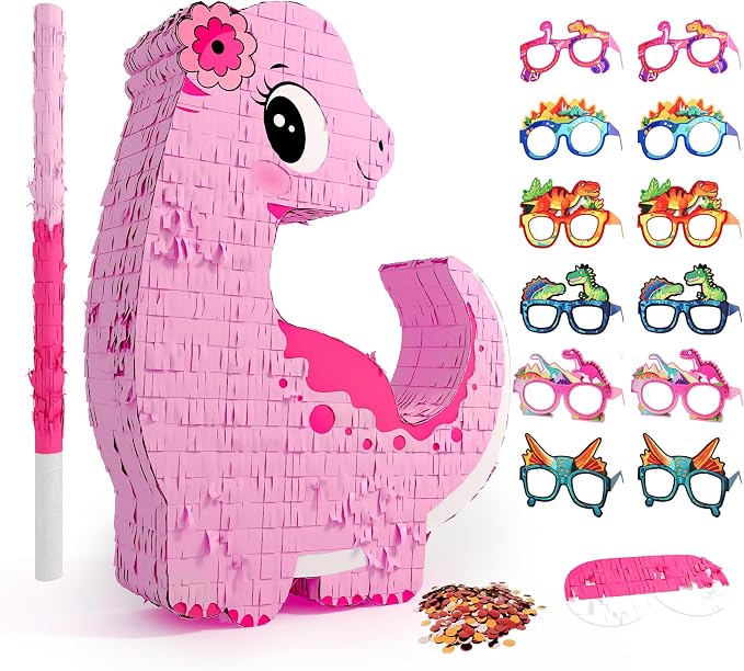 Pink Dinosaur Piñata Girls, Piñata de Dinosaurio para niñas with 12pcs Paper Glasses, Wood Stick, Confetti and Blindfold, Dino Piñata for Birthday Party Decorations（16"x12.6"x3.5"）