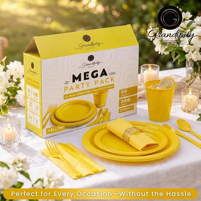 Grandipity 350 Piece Yellow Disposable Dinnerware Set, Includes 50 of Each: 9" Dinner Plates, 7" Dessert Plates, 12oz Cups, Paper Napkins, Forks, Knives & Spoons