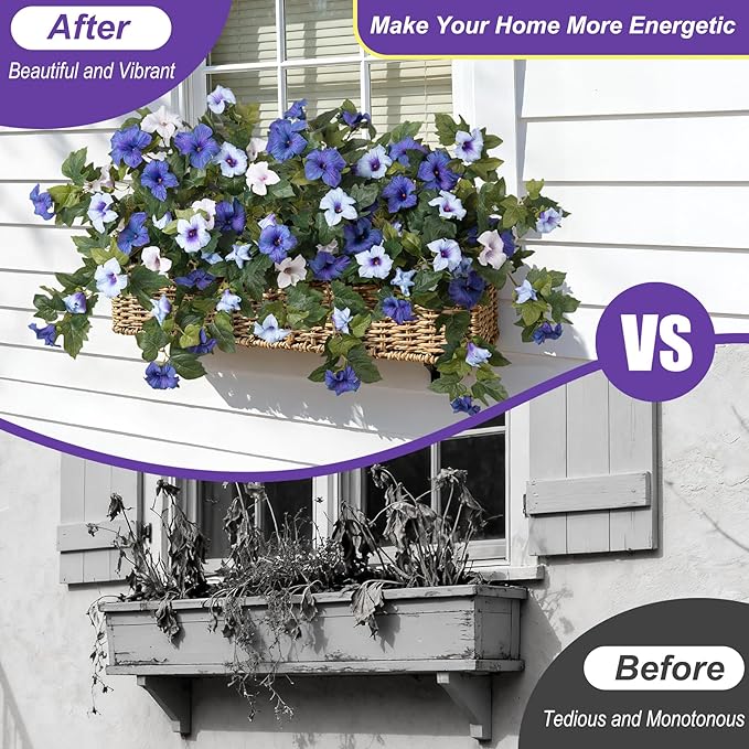 Ammyoo Artificial Fake Petunia Flowers for Outdoor Decoration, 2PCS Faux Silk Petunias Flower for Spring UV Resistant No Fade Realistic Plants for Garden Balcony Yard Porch Indoor Decor(Blue White)