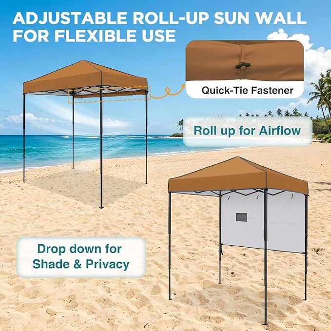 EAGLE PEAK 6x4 Instant Pop Up Canopy Tent with 1 Half Wall Panel, Straight Leg Sun Shelter, Portable Canopy with Carry Bag for Camping, Beach & Sports, Khaki