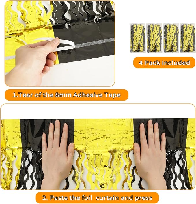 KEEUH 4 Pack Black and Gold Wavy Foil Fringe Curtains Pirthday Decorations,3.3 ft x 6.6 ft Metallic Foil Curtains Streamers for Party Photo Booth Props Background Decoration