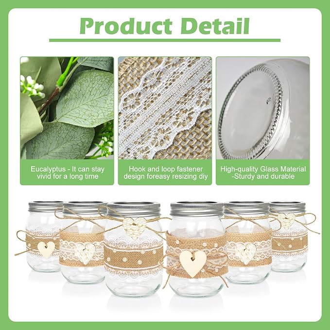 Cinrobiye 6 Sets Mason Jar Centerpieces with Eucalyptus & Lace Sleeve – Rustic Wedding Table Decor, Flower Centerpieces for Tables, Bridal Shower, Baby Shower, Engagement Party Decorations