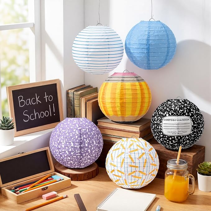 Retisee 12 Pcs Back to School Paper Lanterns Classroom Decorations Composition Notebook Pencil Hanging Lanterns 8 Inch Ceiling Decor for First Day of School Teacher Classroom Birthday Party Supplies
