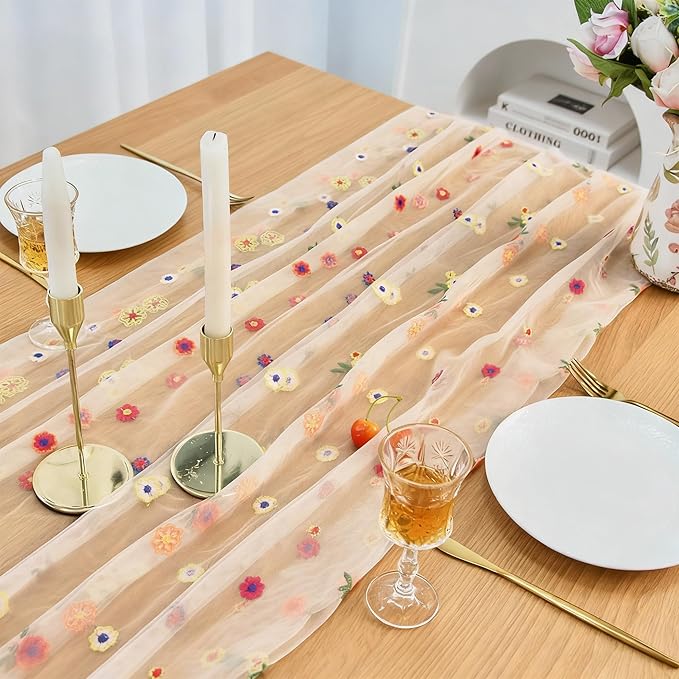 FEXIA Spring Table Runner 10FT Floral Gauze Mesh Garden Tea Party Decorations Romantic Dining Table Decoration for Easter, Weddings, Birthday Valentine’s Day Living Room Styling Home Decor