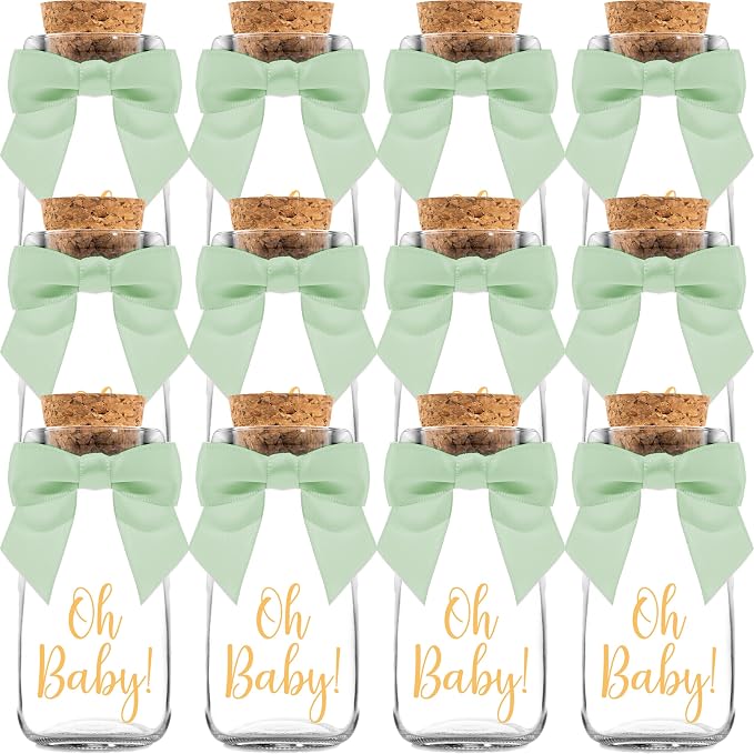 Ethisa Vintage 12 Pack Oh Baby Woodland Milk Glass Bottles with Ribbons and Stickers - Classy Baby Shower Favors for Guests and Table Centerpieces - Gender Neutral Eucalyptus Decoration - Safari Theme