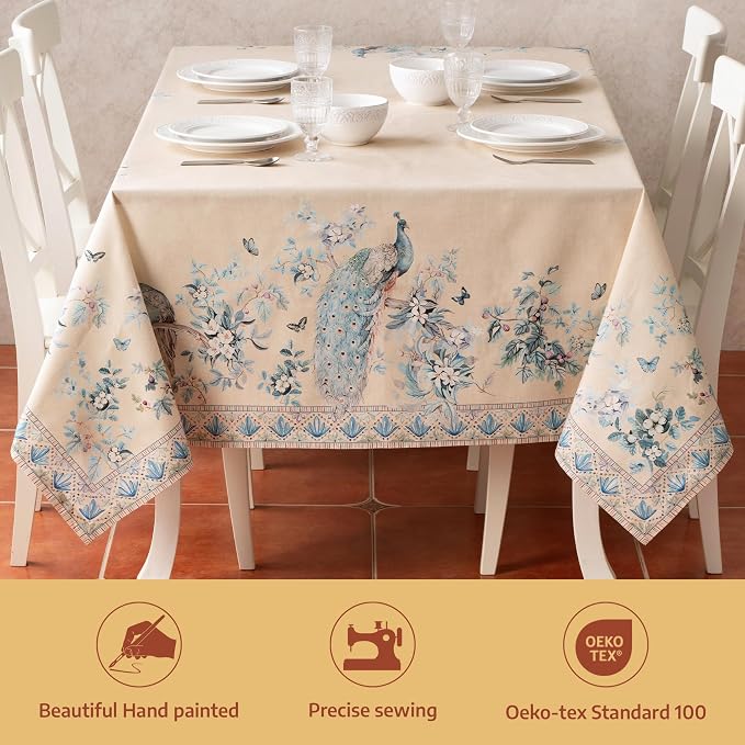 Maison d' Hermine Premium Table Cloth Rectangle Table 100% Combed Cotton 140 x 70 Inches Tablecloth Reusable Decorative for Dining Room, Home, Party, Festive & Wedding - Peacock Utopia - Sandy Beach
