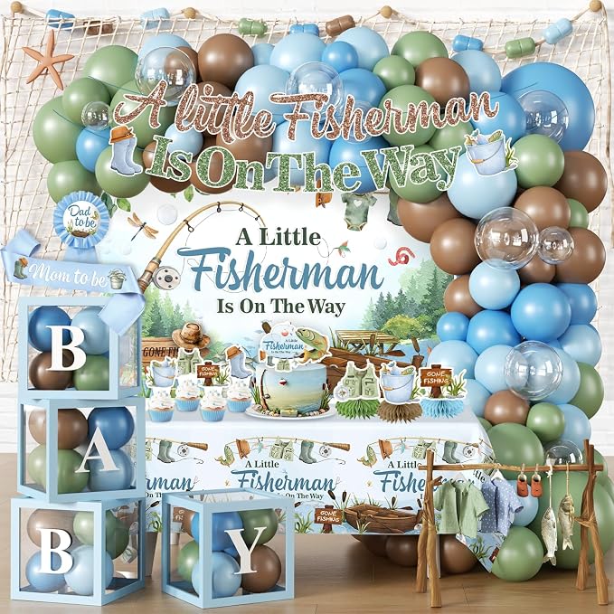 Fishing Baby Shower Decorations for Boy, All-in-one Fishing Party Decorations Includes Banner, Backdrop, Gone Fishing Balloon Arch, Cake Toppers, Tablecloth, Fisherman Welcome Baby Party Decor