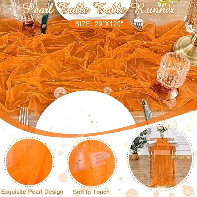 Gauze Pearl Table Runner Tulle Fabric: 10ft Seasonal Dessert Chiffon Pearl Lace Boho Overlay Wedding Veil Outdoor Wedding Aisle Runner Halloween Fall Party Decorations Doilies,Orange