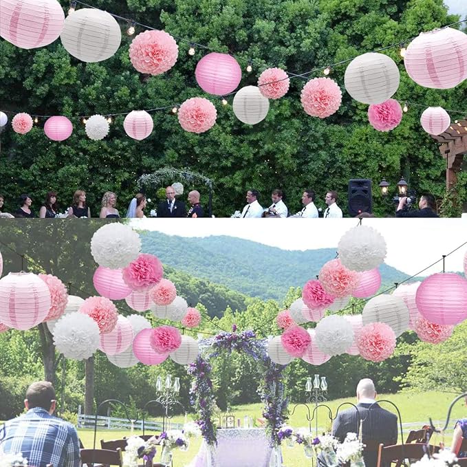 Celehappy Pink Paper Lanterns Decoration Tissue Paper Pom Poms Paper Flower 18pcs Party Decorations for Baby Shower Wedding Valentine Birthday Party - Hot Pink/Pink/White