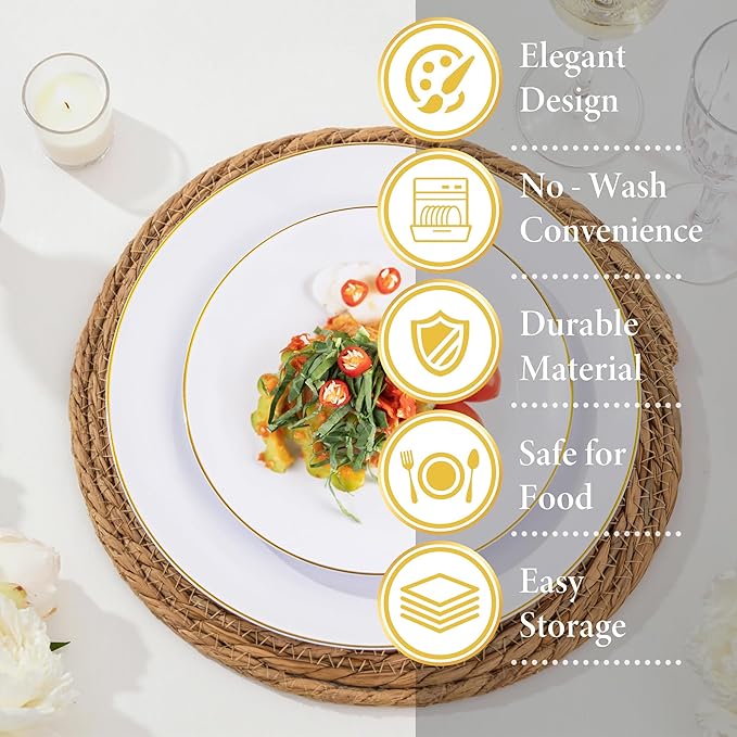 Nervure 100Pieces White with Gold Rim Plastic Plates - 7.5inch Disposable Gold Salad/Dessert Plate - White and Gold Plastic Plates Ideal for Wedding & Party & Mother's Day