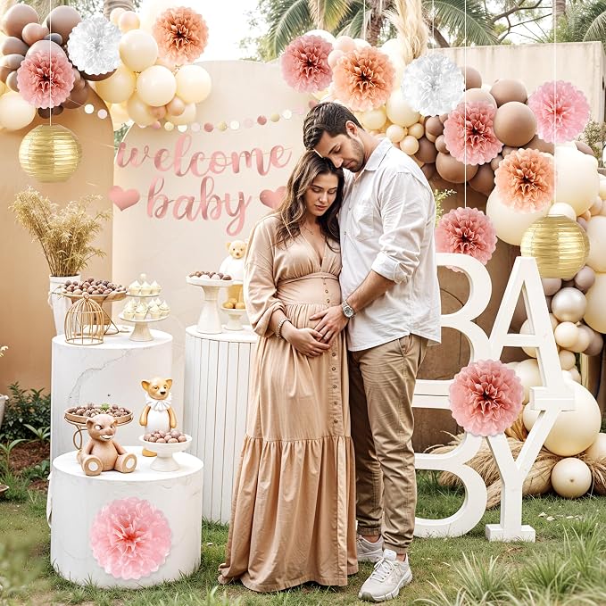 Kriyokiaa 16 Pcs Baby Shower Decorations for Girl Light Rosegold Baby Shower Decorations with Welcome Baby Banners Paper Flower Pom Poms Perfect for Indoor & Outdoor Celebrations