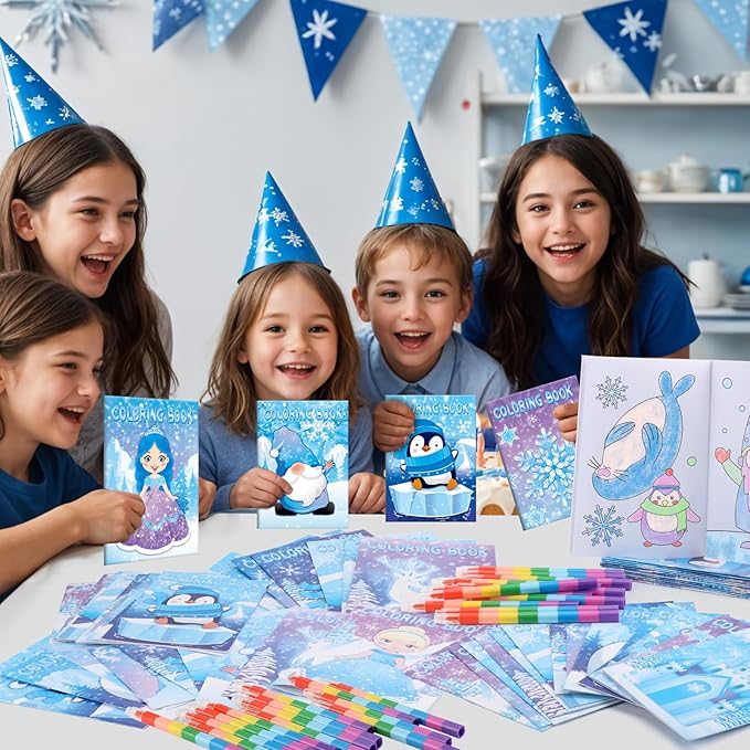 BenLouis 24 Frozen Mini Coloring Books with 24 Stacking Crayons Party Favors Winter Snowflake Themed Activity Book Crafts Bulk for Kids Frozen Birthday Goodie Bag Stuffers Christmas Classroom Supplies