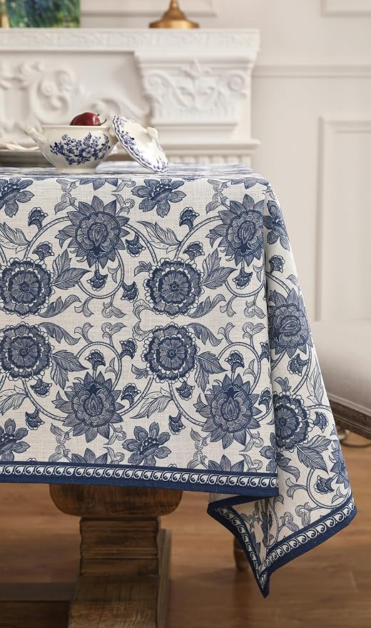patdrea Elegant French Linen Tablecloth,Rectangular,110"x63"-Lantang A | Vintage Elegant Table Cloth for Rectangle Table,Blue and White Floral Print,for Dining Room Tea Party Thanksgiving