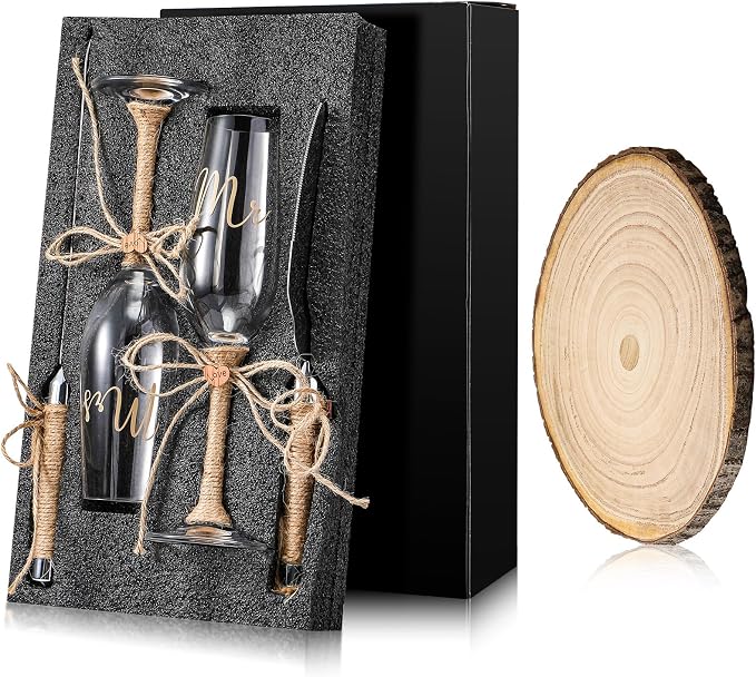 Honoson 5 Pcs Cake Knife Server Set Champagne Glasses Wooden Slice Cake Topper Set Rustic Wedding Decorations Mr and Mrs Champagne Flutes Bride Groom Valentines Day Glasses Anniversariesn