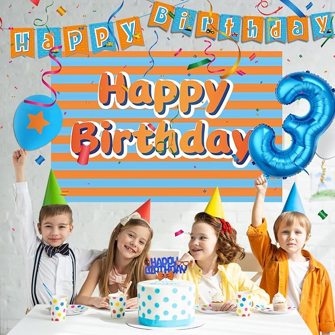 Cartoon Teacher Theme Party Supplies, 3rd Birthday Party Decorations for Boys Girls, Blue and Orange Theme with Number 2 Balloon, Backdrop, Banner, Balloons, Cake Topper, Hanging Swirl Party Supplies
