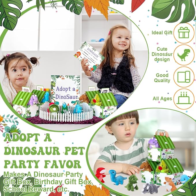 38 Pcs Adopt a Dinosaur Party Favors Include 12 Mini Dinosaur Stuffed Animals 12 Foldable House Gift Boxes 12 Adoption Card 1 Adoption Sign 1 Fence for Adopt A Pet Party Dino Birthday Supplies