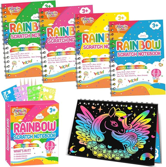 Scratch Paper Art Party Favors for Kids: 4 Pack Rainbow Scratch Notebook, Goodie Bags Stuffers Coloring Books Party Favors for Kids 3-12, Bulk Classroom Birthday Gifts for Student